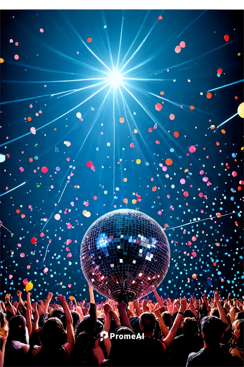 confetti, balloons, streamers, colorful lights, disco ball, DJ booth, loudspeakers, dance floor, crowd of people, night scene, low-angle shot, wide-angle lens, shallow depth of field, vibrant colors, 