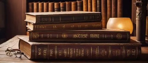 Old, leather-bound architectural books, golden font, thick pages, vintage style, wooden desk, dimly lit study room, warm lamp lighting, ornate bookshelves, ancient buildings, Greek columns, intricate 