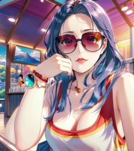 asian woman wearing  reflective ,  black lense,shades, stripped tank top,red lips,,an anime character wearing a pink outfit and red sunglasses,shadman,michiru,bayumi,aoi,mei,mikuru asahina,Anime,Anime