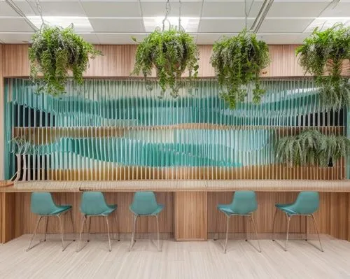 the contemporary  design interior of open space administrative office of jewelry company inspating tiffany blue color, luxury textures, natura and a lot of plants, photorealistic, glamour photography 