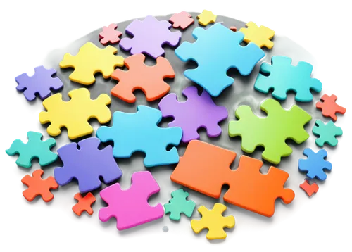 Jigsaw puzzle pieces, scattered, colorful, irregular shapes, glossy surface, 3D render, soft focus, warm lighting, pastel colors, intricate details, solo, centered composition, shallow depth of field,