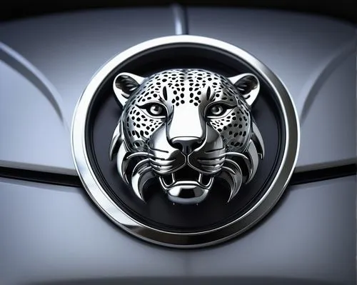 Jaguar logo, metallic silver, chrome finish, luxury car emblem, 3D model, detailed texture, high-poly, shiny surface, close-up shot, low-angle view, dramatic lighting, deep shadows, abstract backgroun