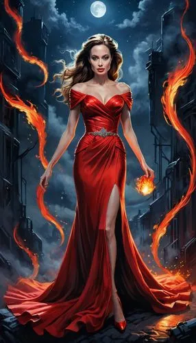 melisandre,scarlet witch,infernal,fire background,fire angel,lady in red,Illustration,Realistic Fantasy,Realistic Fantasy 25