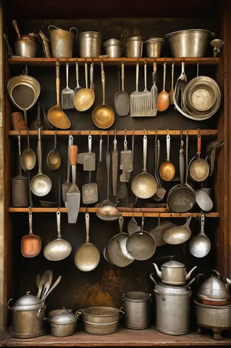 Francois Bachelier's in Paris, France filled with antique kitchen utensils.,cookware and bakeware,kitchenware,dish storage,kitchen tools,cooking utensils,pots and pans,kitchen utensils,utensils,copper