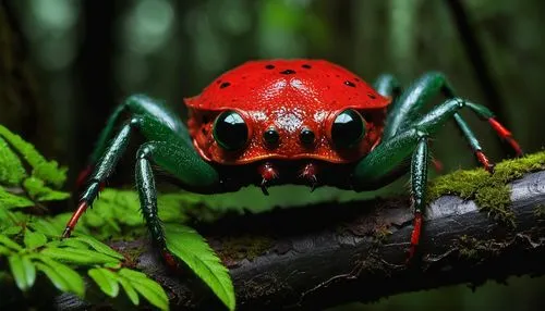 Ilustre o Yara-ma-yha-who em uma floresta australiana, destacando sua pele vermelha brilhante contra o verde profundo das árvores. A criatura deve ter olhos grandes e penetrantes e ventosas nos dedos 