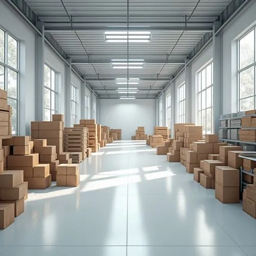 Modern distribution center interior, white walls, high ceilings, clean floors, organized shelves, stacks of cardboard boxes, metal racks, bright fluorescent lights, minimal decorations, industrial atm