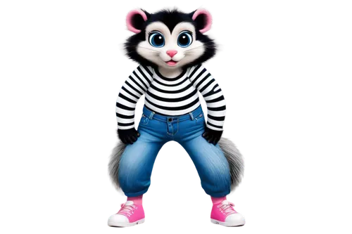 Skunk, cartoon style, black and white fur, fluffy tail, cute facial expression, big round eyes, pink nose, standing posture, front legs apart, back legs together, striped shirt, blue jeans, sneakers, 