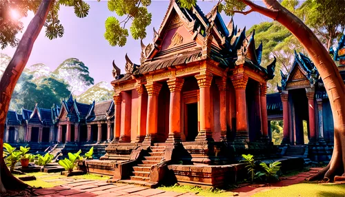 Ancient Cambodian temple, intricate carvings, golden details, red and blue hues, ornate columns, stone walls, lush greenery surrounding, warm sunlight filtering through trees, 3/4 composition, shallow