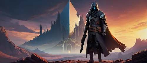 the wanderer,wanderer,cloak,cg artwork,sentinel,guards of the canyon,heroic fantasy,lone warrior,game art,game illustration,hooded man,scythe,barren,massively multiplayer online role-playing game,dark elf,background image,elven,background screen,sci fiction illustration,concept art,Conceptual Art,Daily,Daily 29