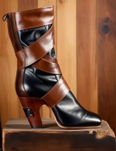 Two tone leather calf boot, wrapped slouch leather straps, open sides, wood heel, metal logo plate, tan and black  color scheme, wood background ,2-tone wrapped leather calf boot,stack-heel shoe,calfs