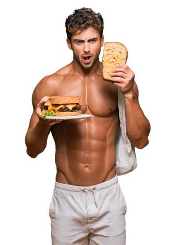 Hungry man, muscular build, ripped shirt, sweatpants, messy hair, aggressive facial expression, sharp teeth, holding a burger, taking a big bite, juicy meat, cheese melting, hungry eyes, shallow depth