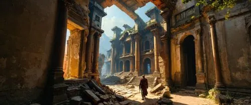 a person walking through an alley way surrounded by rubble,belchite,ruinas,uncharted,ruin,lost place,cryengine