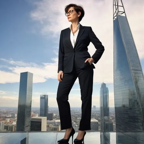 Senior, high-ranking, architectural designer, mature lady, 40yo, short hair, glasses, formal wear, white shirt, black tie, black pantsuit, leather shoes, standing, confident posture, in front of a mod