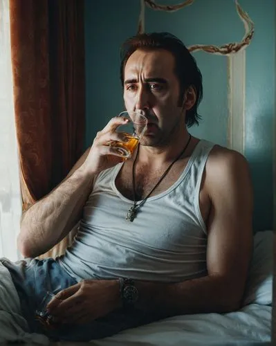 a young nicolas cage drinking alcool in a motel room, dim sunlight coming from windows, laying in bed,kiryakov,shteyngart,sorrentino,deniro,bardem,swearengen,moltisanti,baltar,berbatov,cazale,kassovit