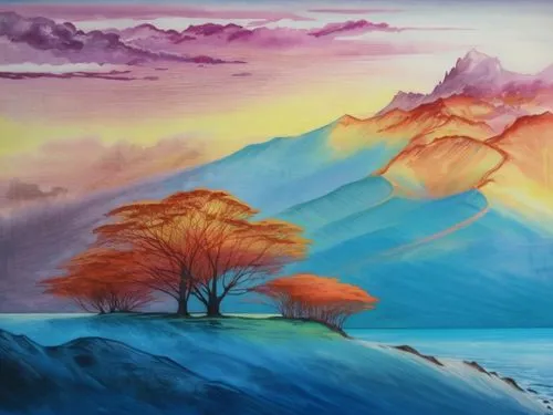 a painting of two trees on a hill,mountain scene,landscape background,mountain landscape,watercolor background,mountainous landscape,fantasy landscape,Illustration,Realistic Fantasy,Realistic Fantasy 