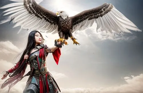 chinese chic with a warrior dressed trying to hold an eagle on her elbow
,falconer,heroic fantasy,uriel,fantasy picture,harp of falcon eastern,athena,the archangel,archangel,fantasy art,warrior woman,