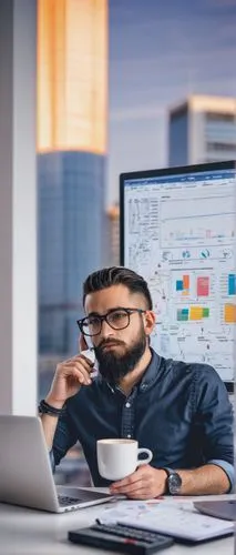 Software engineer, male, 30s, beard, glasses, casual wear, laptop, coffee cup, notes, diagrams, UML charts, whiteboard, modern office, cityscape view, daytime, softbox lighting, shallow depth of field