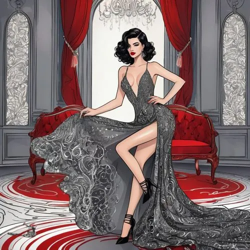 dita von teese,dita,cruella de ville,cruella,art deco woman,valentine pin up,Illustration,Black and White,Black and White 05