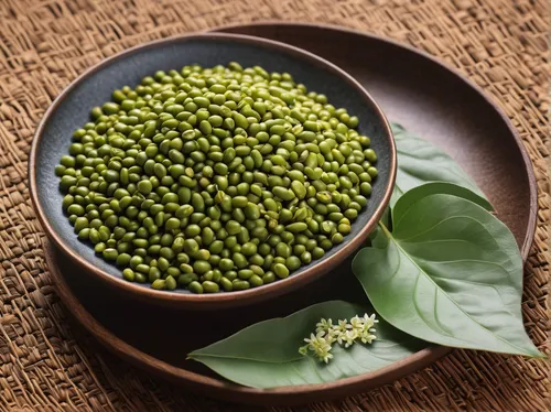 Create a relaxing meditation scene with mung beans,sichuan pepper,celery and lotus seeds,fragrant peas,mung bean,moong bean,green soybeans,white pepper,wild garlic salt,gremolata,matcha powder,pepperc