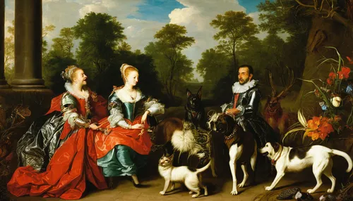 hanover hound,kennel club,chamois with young animals,hunting scene,girl with dog,basset artésien normand,borzoi,mulberry family,young couple,king charles spaniel,kooikerhondje,bellini,st. bernard,flemish,appenzeller sennenhund,courtship,old english terrier,transylvanian hound,fox terrier,polish greyhound,Art,Classical Oil Painting,Classical Oil Painting 37