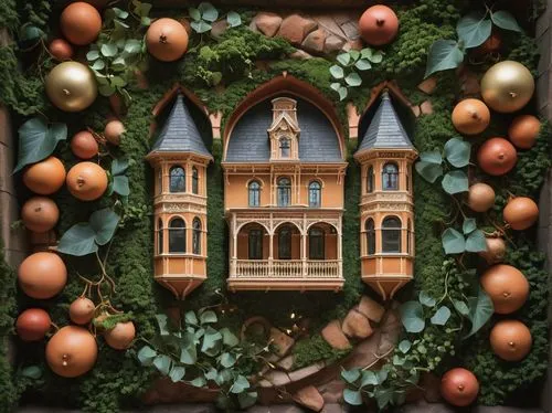 Grand, folk Victorian architecture, intricate wooden ornaments, steeply pitched roofs, patterned terracotta tiles, tall narrow windows, ornate doorways, curved bay windows, asymmetrical facade, ivy-co