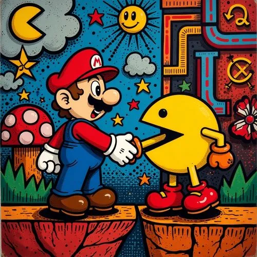 mario bros,super mario brothers,mario,pacman,poykio,marios,Illustration,Abstract Fantasy,Abstract Fantasy 23