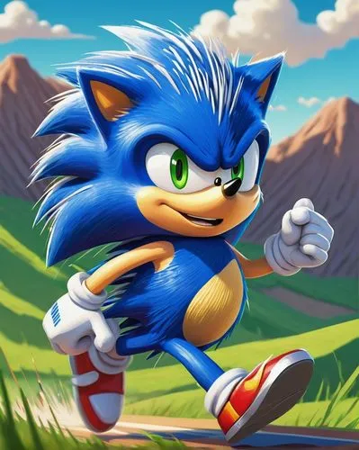 Sonic themed sprite creator, cartoon style, blue anthropomorphic hedgehog, green eyes, quills on back, running pose, dynamic movement, speed lines, bright vibrant colors, sunny background, fluffy whit