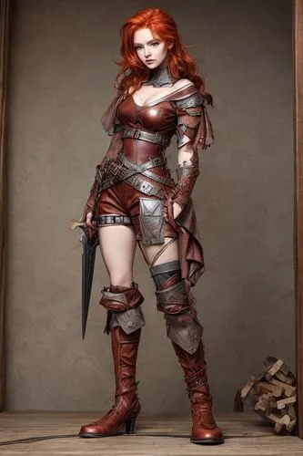 redhead, adorable fantasy, very cute, detailed, sweet beautiful young woman, warrior, leather boots, leather outfit,female warrior,barbarian,huntress,dwarf sundheim,swordswoman,half orc,celtic queen,s