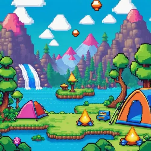 fairy village,mushroom island,zoombinis,fairy world,cartoon video game background,mushroom landscape,Unique,Pixel,Pixel 02