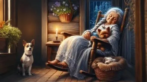 there is a painting of an older woman and a dog on the porch,innkeeper,celtic harp,samoyedic,imbolc,housemother,nasreddin