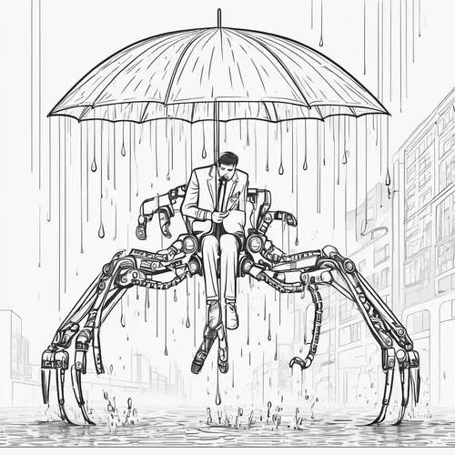 man with umbrella,in the rain,rain shower,umbrella,walking in the rain,arachnophobia,raindops,protection from rain,rain protection,umbrellas,rain,brolly,walking spider,heavy rain,arachnid,exoskeleton,water crane,bacteriophage,summer umbrella,rainy,Illustration,Black and White,Black and White 04