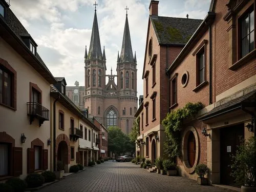 Ornate Gothic spires, grand stone facades, intricately carved wooden doors, stained glass windows, rustic brick walls, curved iron balconies, ornamental clock towers, delicate stone statues, ivy-cover