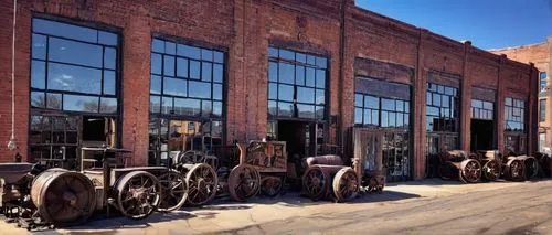 Queen City Architectural Salvage, Denver, Colorado, industrial-chic building facade, reclaimed wood accents, vintage metal signs, ornate iron doors, large warehouse windows, distressed brick walls, ec