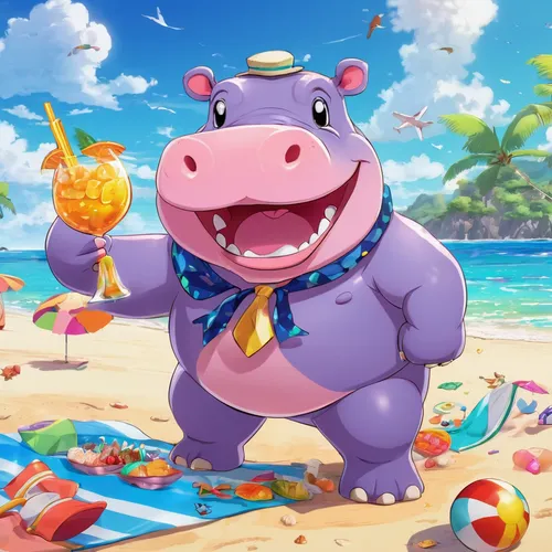 Picture a silly cartoon hippo on a beach vacation.,hippo,hippopotamus,kawaii pig,bay of pigs,yo-kai,lucky pig,chowder,delight island,pig roast,summer background,pig,osomatsu,cute cartoon character,suc