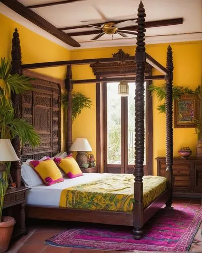 Pooja's cozy room, Indian-inspired decor, bright yellow walls, dark wood furniture, intricately carved four-poster bed, soft pink bedding, fluffy white pillows, golden lamp shades, beaded curtains, co