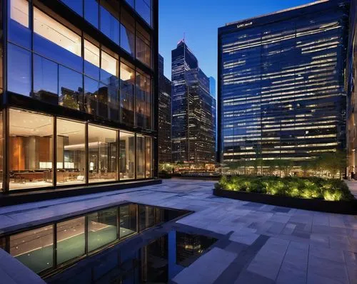 Skyscraper, modern architecture, sleek lines, glass facade, steel beams, grand entrance, spacious lobby, marble floors, high ceilings, luxurious chandeliers, busy streets, metropolitan cityscape, fina