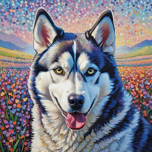 husky,bohemian shepherd,malamute,siberian husky,sakhalin husky,labrador husky,lupines,alaskan malamute,blanket of flowers,field of flowers,huskies,pet portrait,tundra,west siberian laika,laika,siberian,east siberian laika,color dogs,heterochromia,flower animal,Conceptual Art,Daily,Daily 31