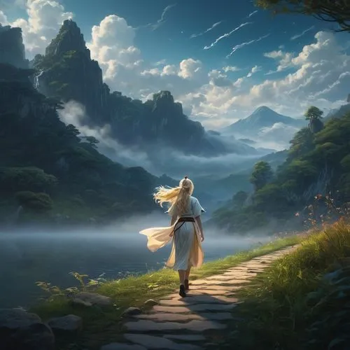 fantasy picture,the mystical path,fantasy landscape,landscape background,world digital painting,the path,wander,journey,the wanderer,mystical portrait of a girl,studio ghibli,pilgrimage,fantasia,pathway,wanderer,alice in wonderland,fantasy art,idyll,girl walking away,violet evergarden,Photography,General,Fantasy