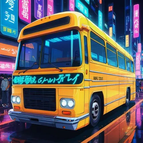 city bus,bus,school bus,midibus,schoolbus,autobus,Illustration,Japanese style,Japanese Style 03