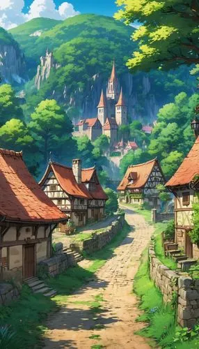 mountain village,knight village,alpine village,butka,mountain settlement,aurora village,meteora,medieval town,highstein,sylvania,villages,yoshikuni,wooden houses,ghibli,studio ghibli,vesperia,yazaki,escher village,machico,korean folk village,Illustration,Japanese style,Japanese Style 03