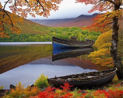 Ship wreck at Loch Eil with coloured leaves in the foreground, Fort William, west Highlands, Scotland, United Kingdom, Europe,boat landscape,autumn landscape,fall landscape,autumn scenery,autumn idyll