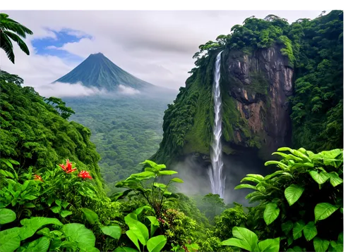 Tropical rainforest, vibrant green foliage, exotic flowers, misty atmosphere, Costa Rican landscape, Arenal Volcano, waterfall cascading down rocky cliff, sunny sky with few puffy clouds, aerial view,