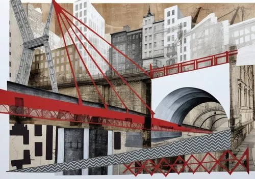 frontal composition of geometric shapes, lines on the theme of a bridge in the city,an abstract drawing of a bridge and buildings,constructivism,constructivist,bridges,viaducts,bridged,overbridges,Uni