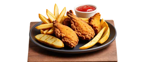 Crispy fried chicken, golden brown skin, juicy meat, steaming hot, served with crispy potato wedges, ketchup and mustard sauce, wooden table, shallow depth of field, warm lighting, appetizing composit