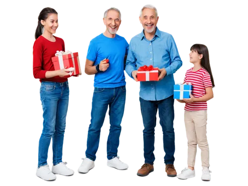 Father's Day, happy old man, smiling face, grey hair, beard, casual wear, blue shirt, jeans, sneakers, holding gift box, surrounded by kids, family atmosphere, warm lighting, shallow depth of field, 3