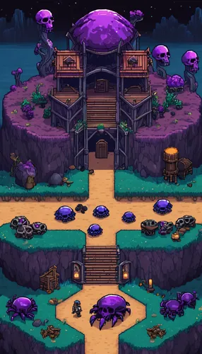 mushroom island,fairy village,mushroom landscape,druid grove,witch's house,bee farm,purple landscape,the wolf pit,mining facility,necropolis,rosa cantina,mausoleum ruins,dungeon,catacombs,treasure hall,arena,wishing well,tavern,halloween border,oasis,Illustration,Realistic Fantasy,Realistic Fantasy 46