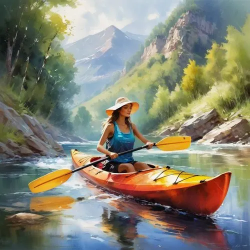 kayaking,kayaker,girl on the river,kayak,canoeing,kayaks,sea kayak,paddler,canoe,paddling,girl on the boat,canoes,fishing float,vietnamese woman,world digital painting,floating on the river,on the river,boat landscape,whitewater kayaking,rafting,Conceptual Art,Oil color,Oil Color 03