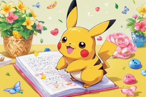 pikachu,kawaii digital paper,pika,cute cartoon image,easter background,easter theme,fluffy diary,pokemon,music book,pokémon,spring background,to study,cute cartoon character,reading,pixaba,easter card,children's background,studying,yellow background,kawaii animals,Illustration,Japanese style,Japanese Style 02