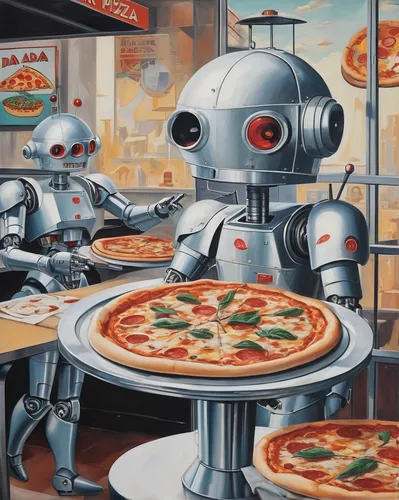 Imagine a futuristic setting where robots prepare the pizzas at R&R Pizza.,robots,order pizza,pizza service,pizzeria,automation,machines,robotics,machine learning,cybernetics,robot combat,artificial i