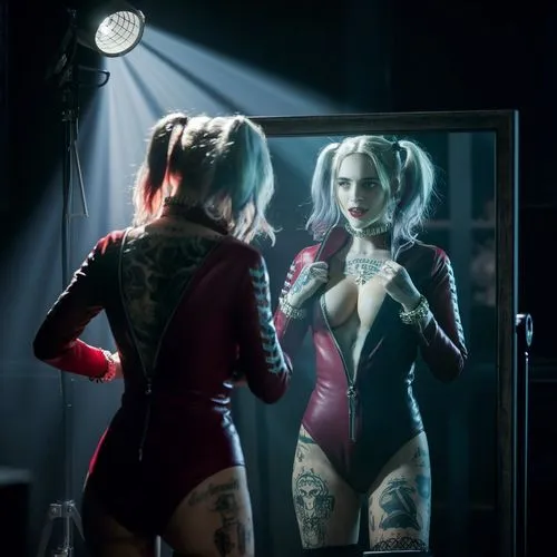 naked skin, firm pert breasts, cleavage,doll looking in mirror,harley quinn,in the mirror,harley,mirror,catsuits,catsuit,the mirror,bodypaint,magic mirror,mirror reflection,reflection,mirrors,photo se